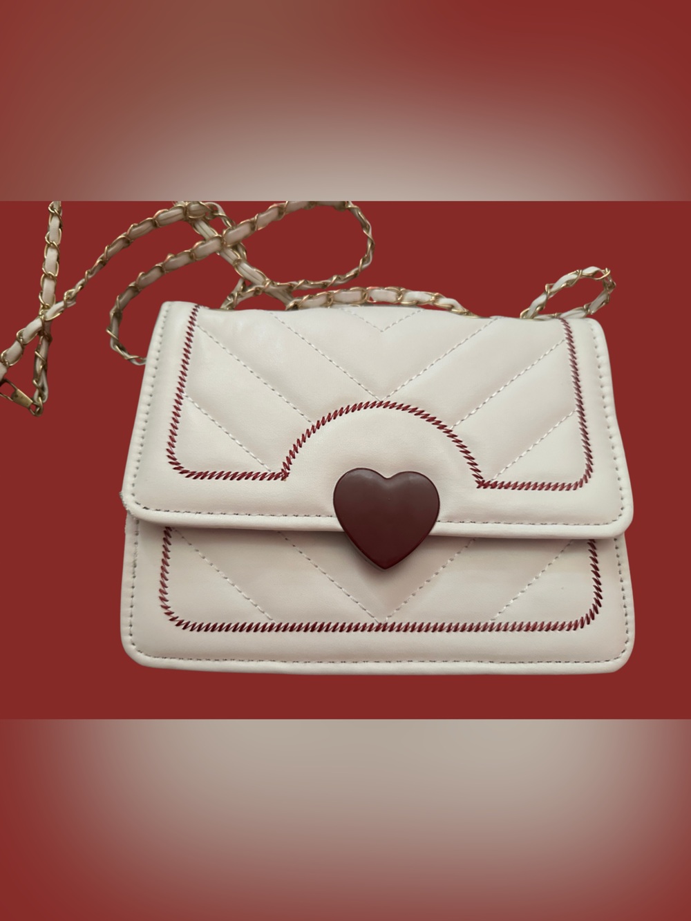White Quilted Crossbody with Red Heart Accent and Gold Chain